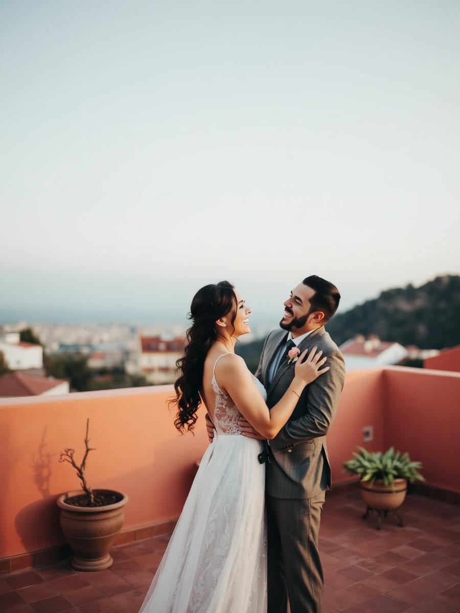 La pareja riendo en una terraza
