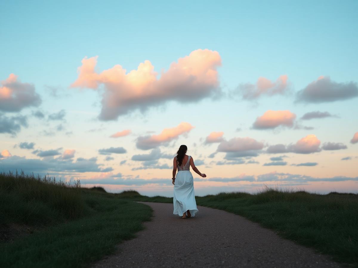 Caminata al atardecer bajo un cielo celeste