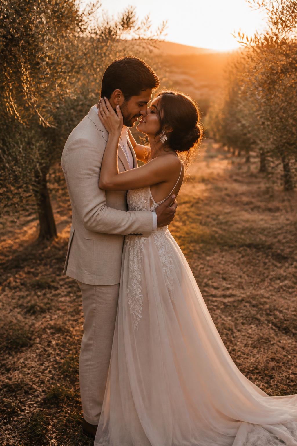 Valentina y Sebastián abrazados al atardecer entre olivos